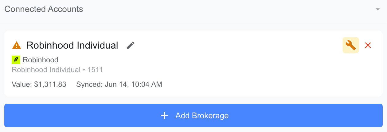 InvestSheet account card showing an amber warning badge and wrench icon for reconnecting a disabled brokerage connection